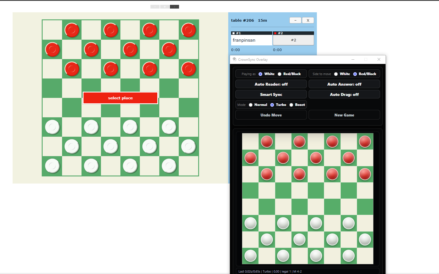 CrownSync running on an online draughts board